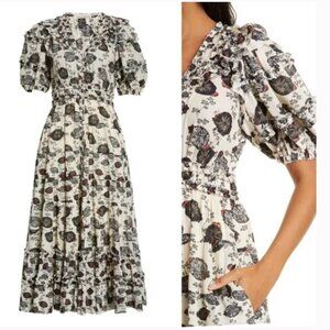 Ulla Johnson Irvette Dress Garden Floral Midi Puff Sleeves Sz 8